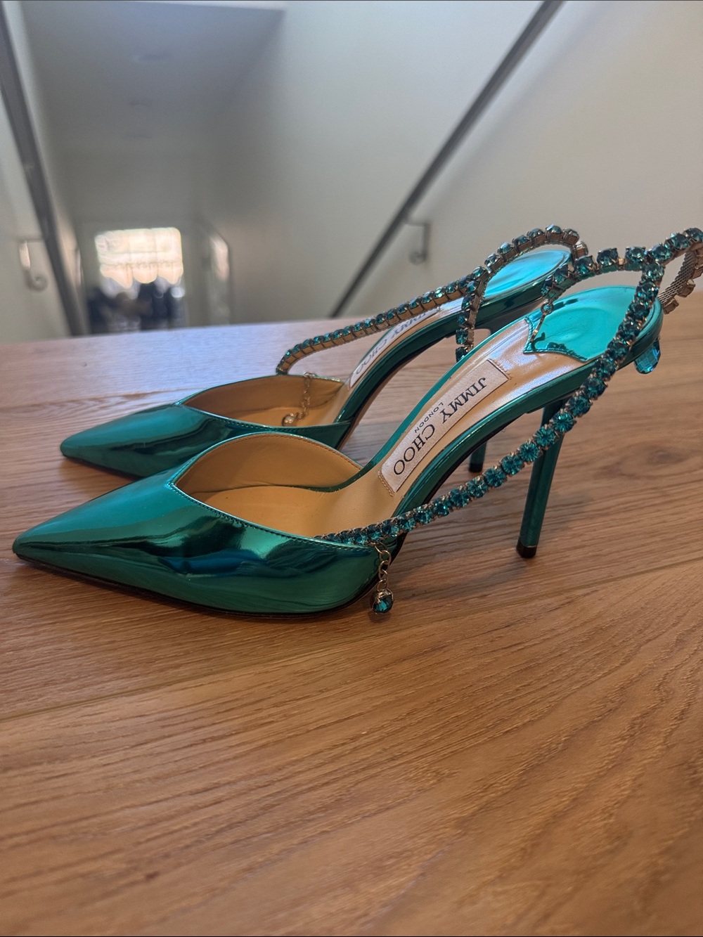 Jimmy Choo Teal Metallic Crystal Slingback Heels